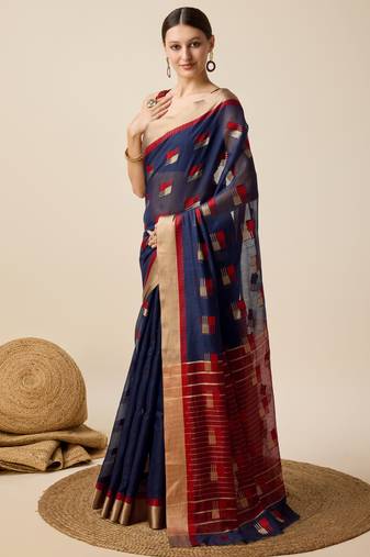 navy blue woven banarasi semi cotton saree