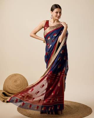 navy blue woven banarasi semi cotton saree 2