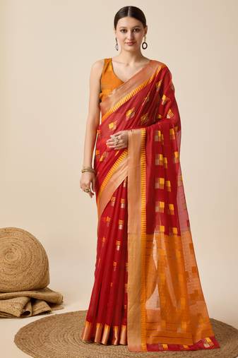red woven banarasi semi cotton saree