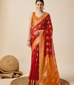 red woven banarasi semi cotton saree