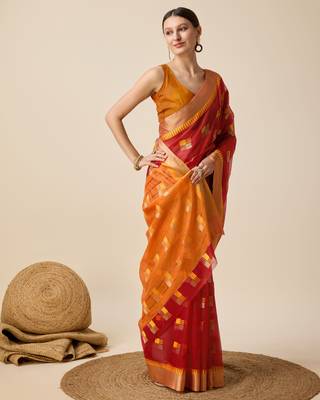 red woven banarasi semi cotton saree 2