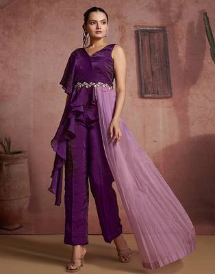Wine organza two-piece co-ord set with cutdana & moti hand embroidery 1