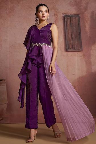 Wine organza two-piece co-ord set with cutdana & moti hand embroidery