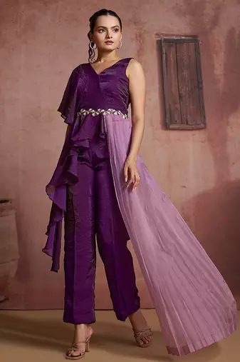 Wine organza two-piece co-ord set with cutdana & moti hand embroidery