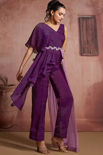 Wine organza two-piece co-ord set with cutdana & moti hand embroidery