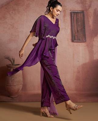 Wine organza two-piece co-ord set with cutdana & moti hand embroidery 3