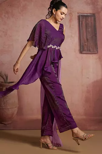 Wine organza two-piece co-ord set with cutdana & moti hand embroidery
