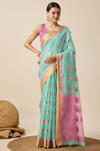 sky blue woven banarasi semi cotton saree