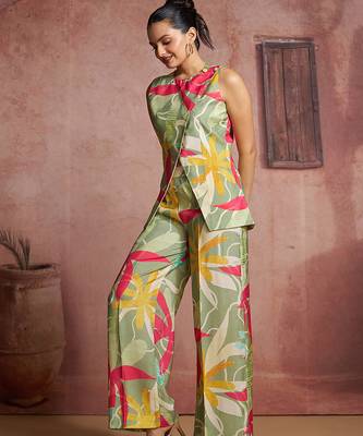 Elegant green muslin cord set with vibrant floral print 1