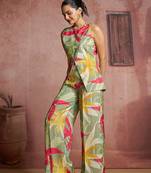 Elegant green muslin cord set with vibrant floral print