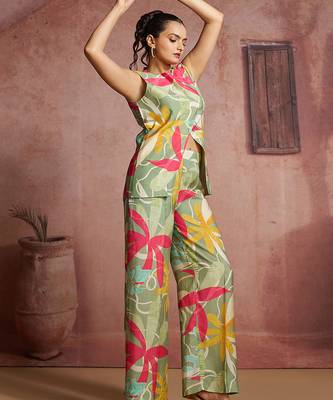 Elegant green muslin cord set with vibrant floral print 2