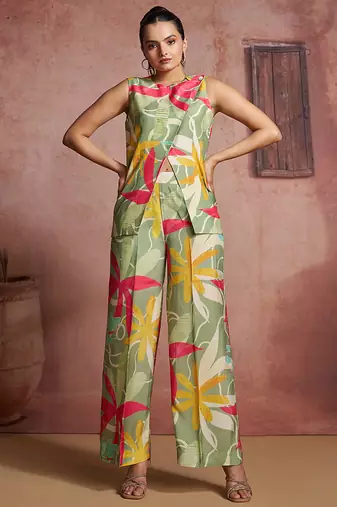 Elegant green muslin cord set with vibrant floral print