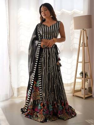black georgette sequins embroidered party lehenga set choli with dupatta 1