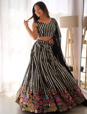 black georgette sequins embroidered party lehenga set choli with dupatta 2