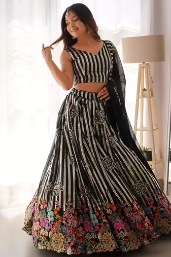 black georgette sequins embroidered party lehenga set choli with dupatta