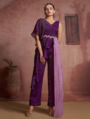 Wine organza two-piece co-ord set with cutdana & moti hand embroidery 5