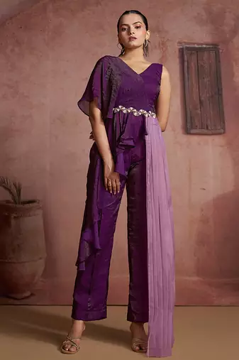 Wine organza two-piece co-ord set with cutdana & moti hand embroidery