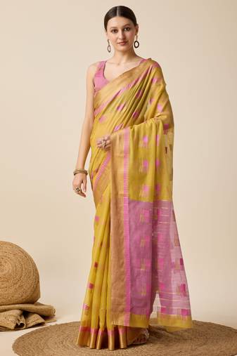 yellow woven banarasi semi cotton saree