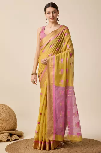 yellow woven banarasi semi cotton saree