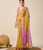 yellow woven banarasi semi cotton saree
