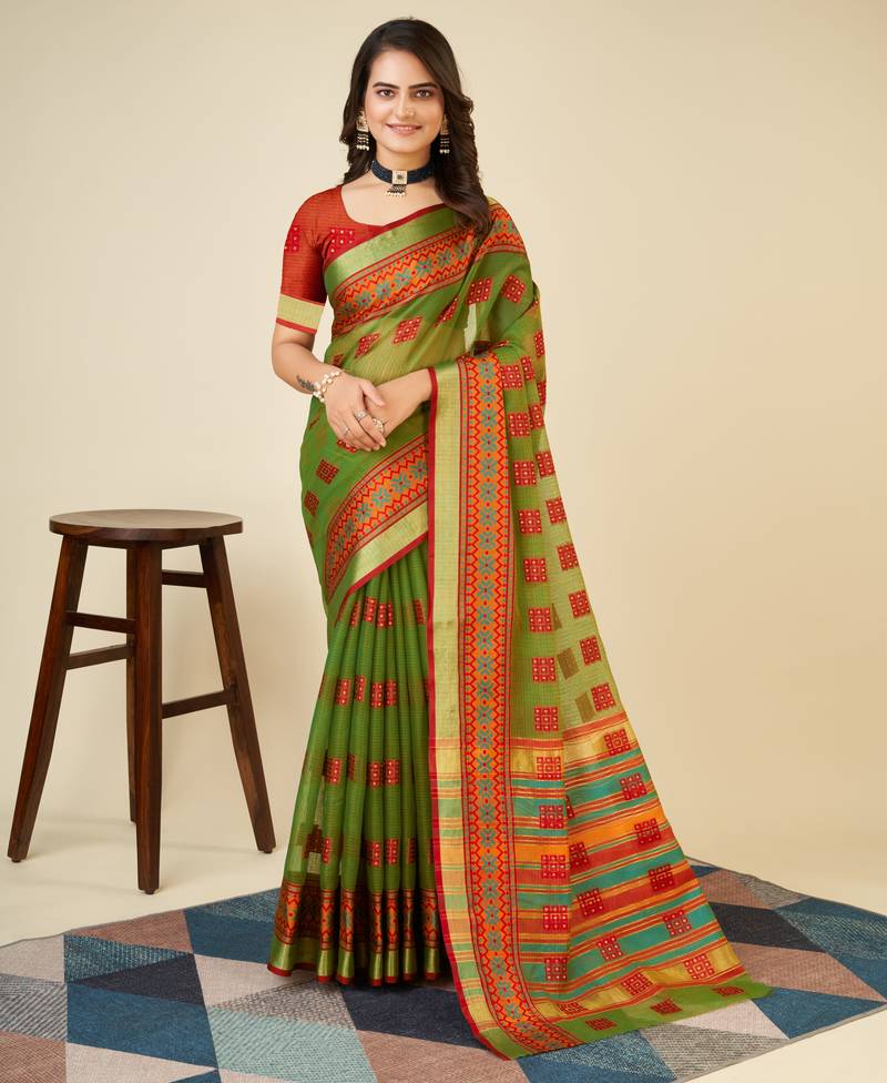 green woven semi cotton saree