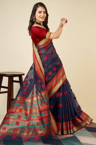 navyblue soft semi cotton saree with blouse piece