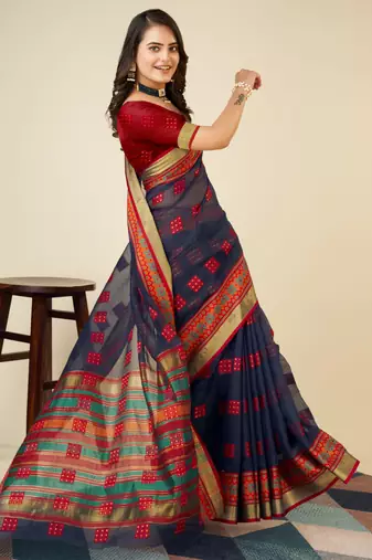 navyblue soft semi cotton saree with blouse piece