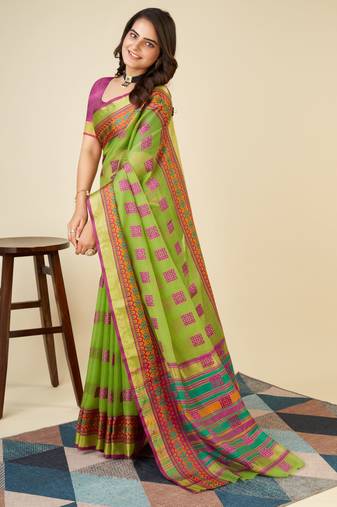 seagreen soft semi cotton saree with blouse piece