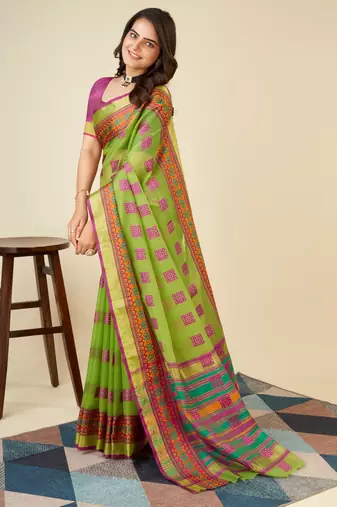 seagreen soft semi cotton saree with blouse piece