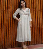 off-white cotton Kurti designed with floral embroidery and crochet lace detailing