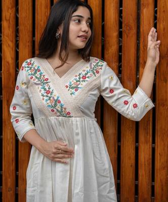 off-white cotton Kurti designed with floral embroidery and crochet lace detailing 3