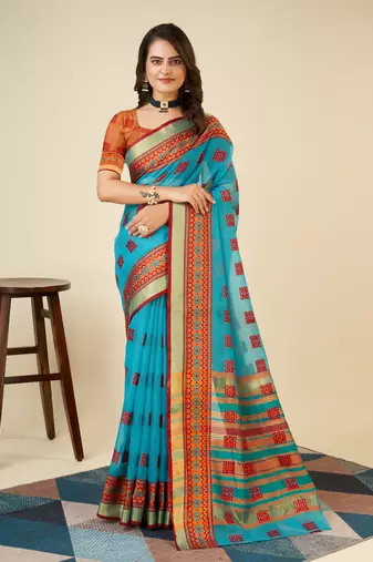 skyblue soft semi cotton saree with blouse piece