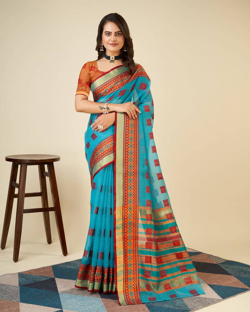 skyblue soft semi cotton saree with blouse piece