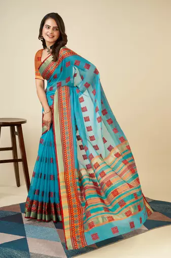 skyblue soft semi cotton saree with blouse piece