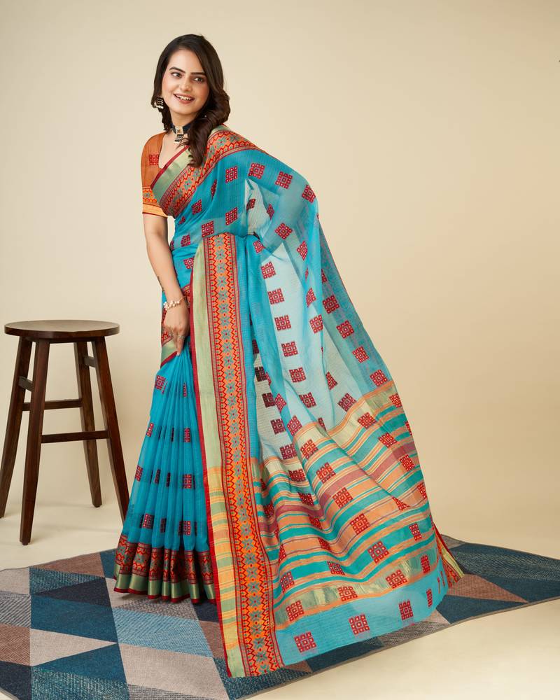 skyblue soft semi cotton saree with blouse piece