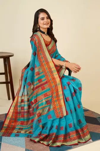 skyblue soft semi cotton saree with blouse piece