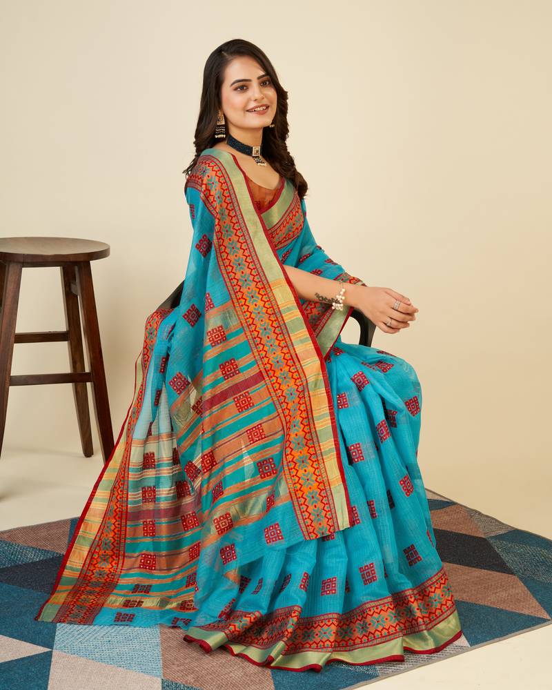 skyblue soft semi cotton saree with blouse piece