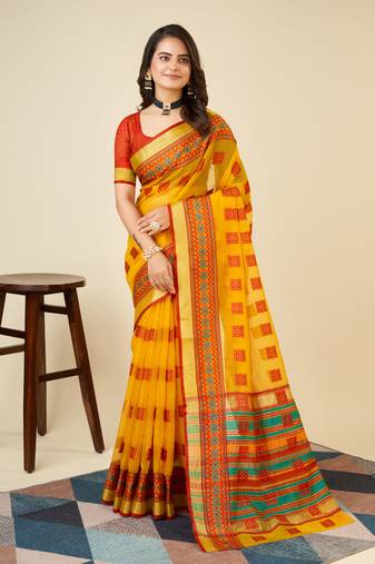 yellow soft semi cotton saree with blouse piece