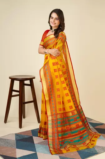 yellow soft semi cotton saree with blouse piece