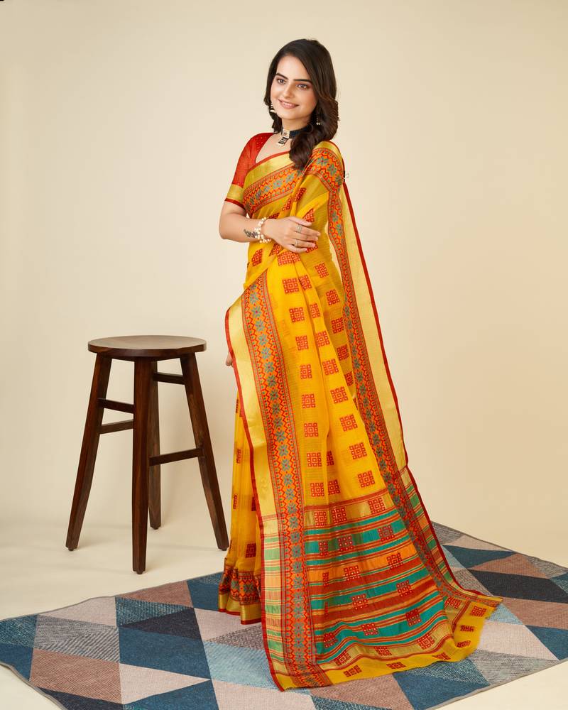 yellow soft semi cotton saree with blouse piece
