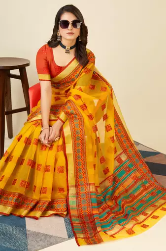 yellow soft semi cotton saree with blouse piece