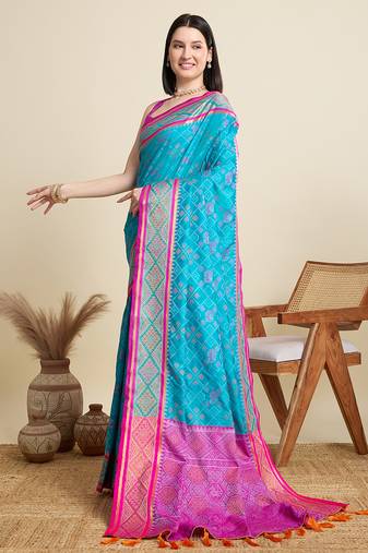 blue patola silk blend saree with contrast weave meenakari & tassels