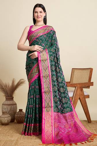 green patola silk blend saree with contrast weave meenakari & tassels