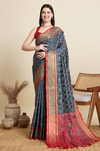 grey patola silk blend saree with contrast weave meenakari & tassels