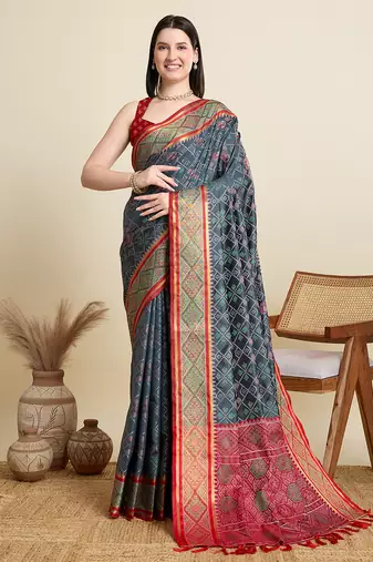 grey patola silk blend saree with contrast weave meenakari & tassels