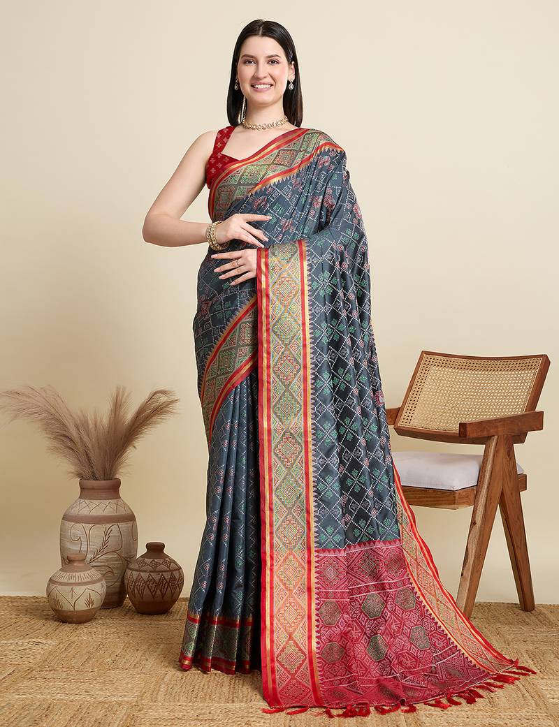 grey patola silk blend saree with contrast weave meenakari & tassels