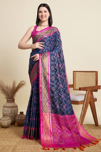 navy blue patola silk blend saree with contrast weave meenakari & tassels