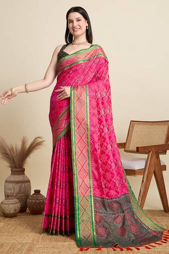 pink patola silk blend saree with contrast weave meenakari & tassels