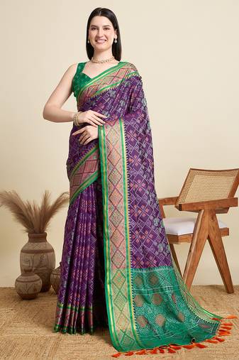 purple patola silk blend saree with contrast weave meenakari & tassels