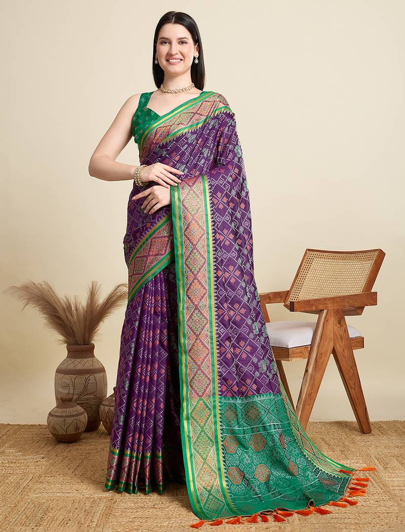 purple patola silk blend saree with contrast weave meenakari & tassels